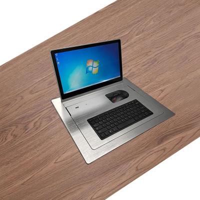 China Computer Meeting Laptop PC Desk with Hidden Motorized Lift Computer Monitor Stand 15.6inch Screen with Keyboard and Mouse for sale