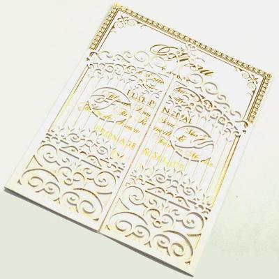 China High End Custom Elegant Open Card Laser Cut Hollow Ivory Greeting Card With Hot Stamping Gold Foil Wedding Invitation Card for sale