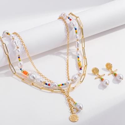 China 2022 Spring Summer Top Quality Lead Free Nickel Free Heart Pearl Pendant Designer Layered Gold Plated Chain Necklace Earring Set Women Jewelry Set for sale