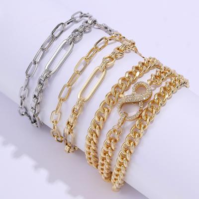 China KJ Fashion Women Gold Chain Bracelet Copper Punk Rough Accessories Thick Cuban Chain Stacking Bracelet Multilayer Jewelry for sale