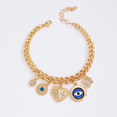 China 2022 Wholesale 2022 Women Eye Charms Heart Pendant Bracelet Stainless Steel Gold Cuban Link Adjustable Bracelet Lead Free Nickel Free Enamel for sale