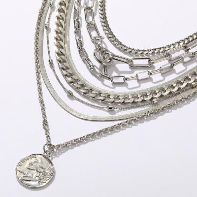 China Fashion kJ jewelry multilayer necklace retro fancy hip hop plated with silver multi-chain combination necklace for sale