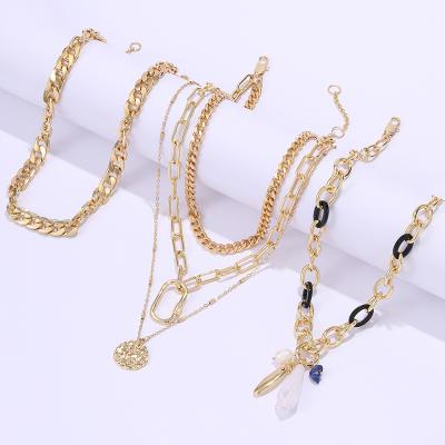 China Fashion KJ Fashion Retro Hip Multi-Chain Combination Pendant Necklace Silver Plated Hop Multilayer Necklace for sale