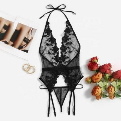 China MOQ Small Transparent Tight Sexy Underwear Flower Embroidered Mesh Teddy 2 Piece Teddies Lingerie Jumpsuit Pants Sets for sale