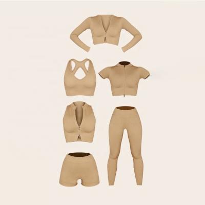 China 2022 Breathable Women Seamless Yoga Sportswear Fitness Gym Clothing 6 Pieces Activewear Ribbed Natural Jogger Color Zipper Set for sale