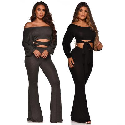 China Breathable women sports plus size two piece sets tie up long sleeve for 2021 fall sexy yoga women two piece suit W004009 for sale