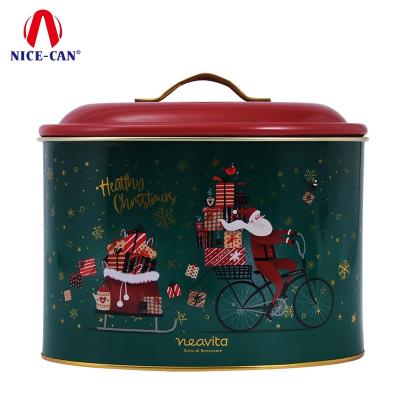 China Custom Empty Oval Cake Cookie Christmas Cake Tin Box Containers Metal Cookies Tin Box Packaging For Chocolate With Handle for sale