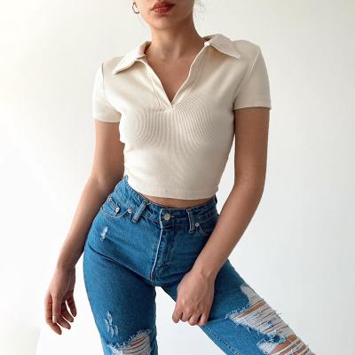 China 2021 New Arrival QUICK DRY Cavity Turn Down Collar Workout Ribbed White Hollow Crop Ladies Top T-Shirt For Women for sale