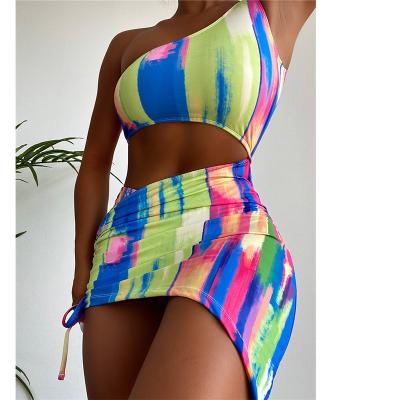 China 2022 One Shoulder Breathable Swimwear With Cover Mature Lady Sexy Fancy Digital Printing Two Piece Bikini for sale