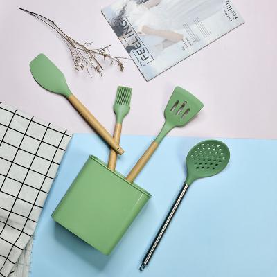 China ArtSample Viable Wholesale Wooden Silicone Stainless Steel Kitchen Cooking Turner Skimmer Spatula Basting Brush Utensil Holder Set for sale