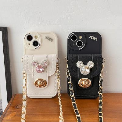 China Shockproof Luxury Bling Glitter Diamond Mouse Head Wallet Crossbody Phone Case For iPhone 13 14 Pro Xs Max 11 12 XR With Diagonal Chain for sale