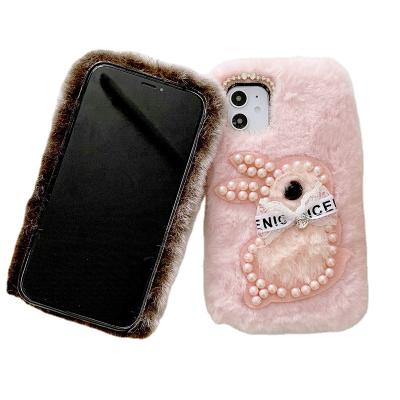 China Shockproof Fashion Girly Luxury cute bunny pearl bow decoration plush Phone Case for iPhone 13 Phone Cover Wholesale Shockproof Phone Bag for sale