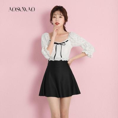 China 2022 New Spring Breathable Gauze Short Sleeve Swim Dress Swimwear Pleat Soft Conservative Swimwear For Women for sale