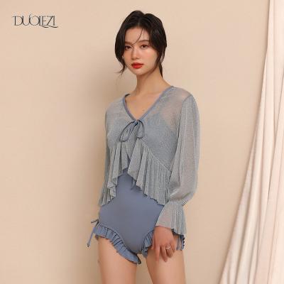 China 2022 New Design Breathable High Waist Double Strap Swimsuit Gauze Cover Up Conservative Sweet Swimwear For Women for sale