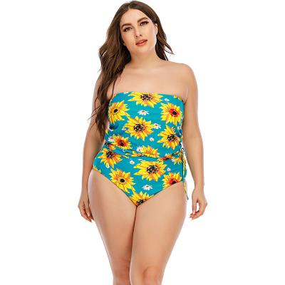 China New plus size pattern floral print off the shoulder bikini plus size one piece swimwear for fat women for sale