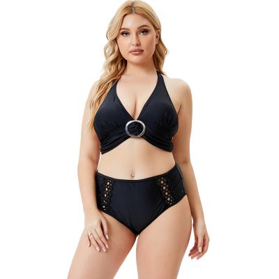 China Hot sale plus size design of new sexy plus size bikini solid color two piece set swimwear for fat women for sale