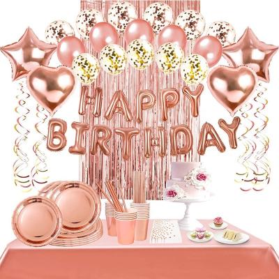 China Eco-friendly Rose Gold Party Decor Happy Birthday Balloons Banner Decoration Materials RUI YI Rose Gold Birthday Party Supplies Plates Napkins Cups for sale