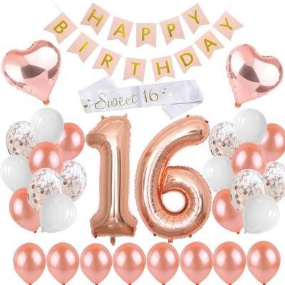 China Soft Sash Rose Gold Confetti Materials RUI YI Rose Gold 16th Birthday Party Decorations Kit Eco-Friendly Latex Balloons Happy Birthday Banner Set for sale