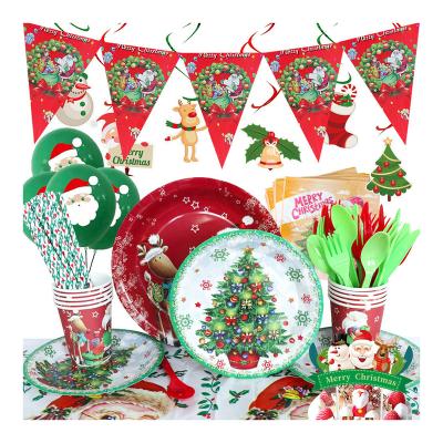 China Eco-Friendly Disposable RUI YI Christmas Party Tableware Christmas Paper Plates Paper Napkins Straws Paper Cups Holiday Tablecloth Party Sets for sale