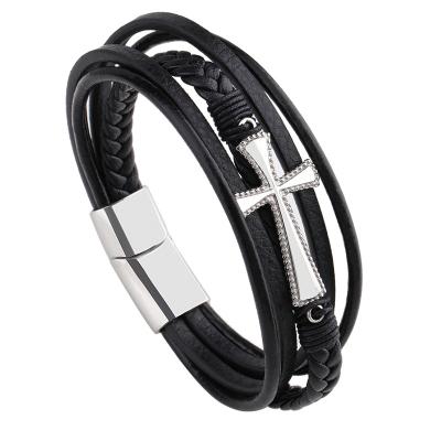 China Customized CLASSIC Mens Stainless Steel Rope Leather Bracelet Cross Multilayer Leather Bracelet for Men for sale