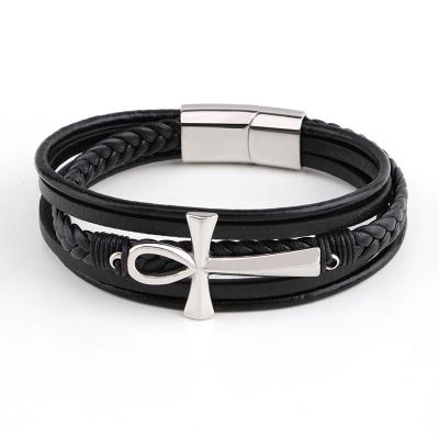 China Wholesale CLASSIC Cross Bracelet Men's Retro Stainless Steel Rope Leather Bracelet Multilayer for sale