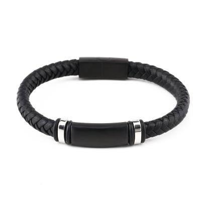 China CLASSIC Leather Bracelet Men's Stainless Steel Rope Braided Leather Bracelet With Laser Engraving Logo for sale