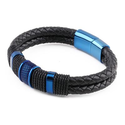 China Fashion CLASSIC Custom Personality Blue Stainless Steel Plated Double Braided Rope Leather Bracelet For Men for sale