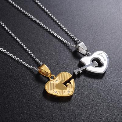 China Trendy YK Double Heart Crystal Pendant Jigsaw Puzzle Fashion Key Couples Pendant Necklace for sale