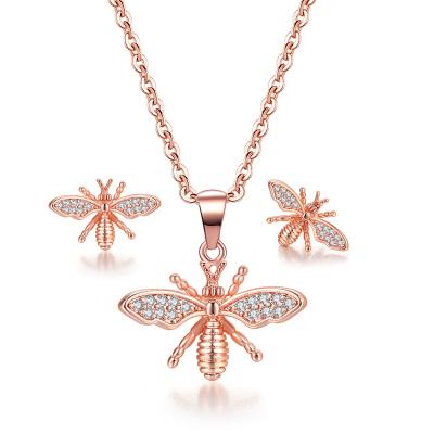 China YK Classic Copper Plated Rose Gold Cute Small Bee Stud Earrings and Necklace Jewelry Set for sale