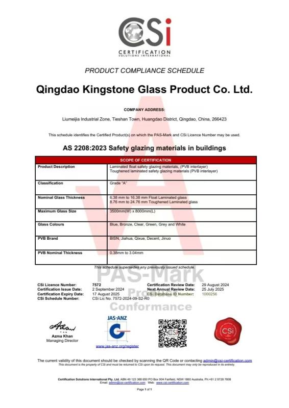 AUSTRALIA STANDARD AS/NZS2208 - QINGDAO KINGSTONE GLASS PRODUCT CO.,LTD