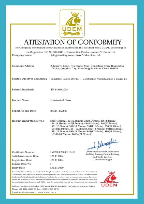 EURO CE CERTIFICATE - QINGDAO KINGSTONE GLASS PRODUCT CO.,LTD