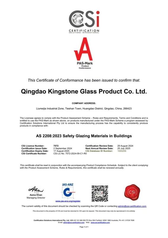 AUSTRALIA STANDARD AS / NZS 2208 - QINGDAO KINGSTONE GLASS PRODUCT CO.,LTD