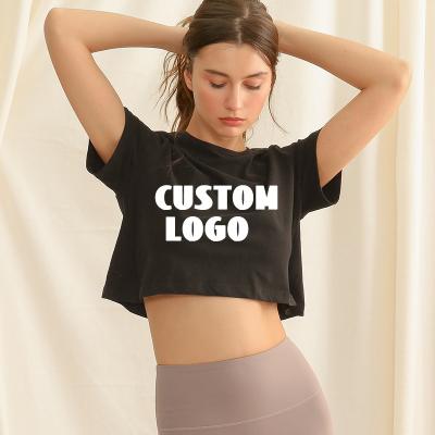 China Breathable Women's Short T-shirts Cotton Crew Neck Streetwear Custom Logo Crop Tops Print Loose Casual Cropped Tops Tshirts for Women for sale