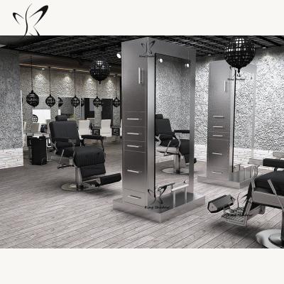 China Large Storage Barber Stations Furniture Double Sided Salon Styling Stations Stainless Steel Salon Mirror for sale