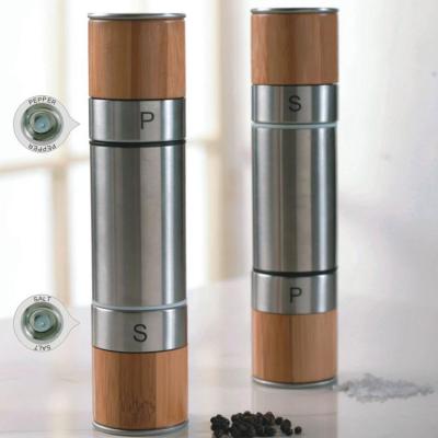 China High Quality Viable 2 in 1 Kitchen Salt Bamboo Manual Salt Mill Pepper and Salt Grinders Wooden for sale