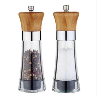 China Manual Glass Salt and Pepper Mills Viable High Quality Manual Bamboo Wood Kitchen Spice Grinder for sale