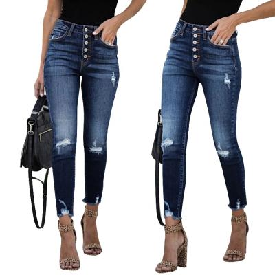 China Custom fashion QUICK DRY ripped denim washed elastic skinny pants woman wholesale high waist stretch women pencil jeans for sale