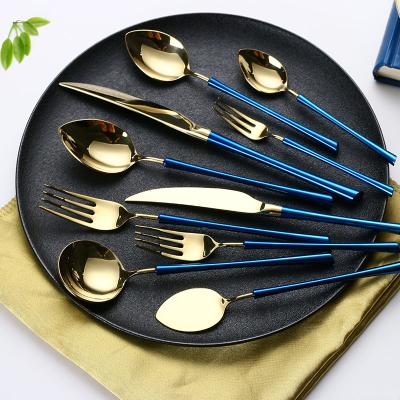 China 304 Stainless Steel (18-10) Gold 24-Piece Silverware Set Peacock Blue Handle Stainless Steel Flatware Set Dinnerware Set Cutlery Sets For 6 Including Forks Serving with a spoon for sale