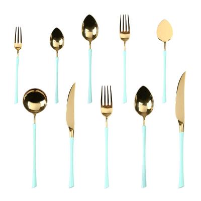 China 304 Stainless Steel (18-10) Gold 24-Piece Silverware Set with Mint Green Stainless Steel Flatware Set Dinnerware Set Seats for 6 Including Forks Serving with a spoon for sale