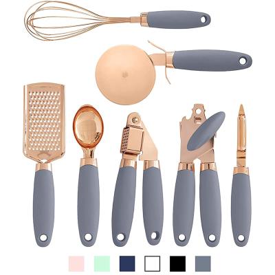 China Sustainable 7 Pcs Kitchen Gadget Set Copper Coated Stainless Steel Utensils With White Soft Touch Handles for sale