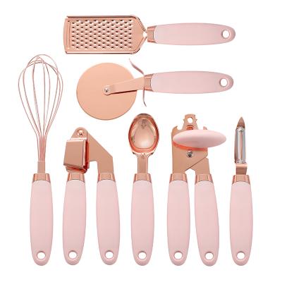 China 2021 viable new instrument set copper instrument amazon 7pcs kitchen gloden kitchen instruments beater pizza cutter peeler grater can opener for sale