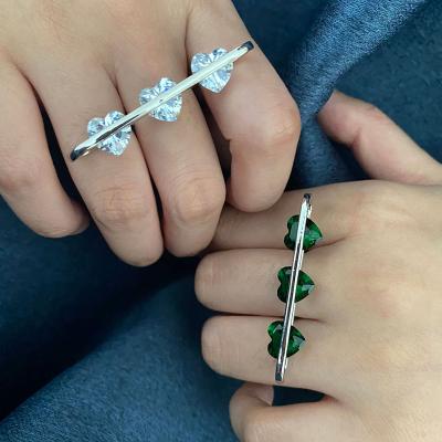 China FASHIONABLE Luxurious Luminous Love One Row Rhinestone Rings For Women Heart Shape Long Bar Finger Ring Wedding Engagement Jewelry 2021 for sale