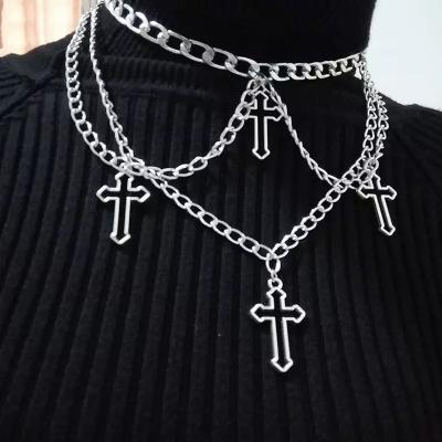 China 2021 Multilayer Chain Jewelry Hip Hop Statement Necklaces Trendy Punk Silver Cavity Silver Cross Pendant Necklaces for sale