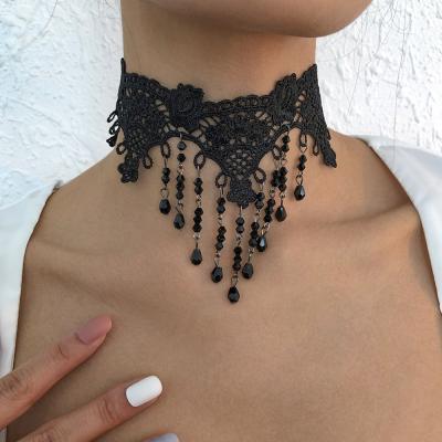 China GSOLD Gothic Punk Crystal Tassel Choker Sweet Vintage Collares Flower Lace Chokers Wide Black Women FASHIONABLE Gothic Necklaces for sale