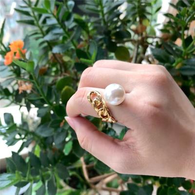 China Pearl Thick Chain New Minimalist Korean Style Metal Opening Rings Simple Punk Vintage Ring For Women Adjustable Party Jewelry Gifts for sale