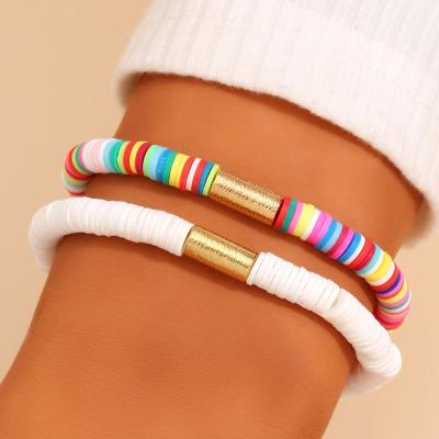 China Boho 2-Piece Pottery Clay Bracelets For Women Summer Charming Colorful 6mm TRENDY Bohemian Beach Elastic Soft Bracelet Set Jewelry for sale