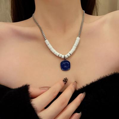 China FASHIONABLE Cool Sweet Blue Klein Necklace Stainless Steel Box Pendant Chain Stacked Small White Lacquer Spacer Statement Necklace For Women for sale