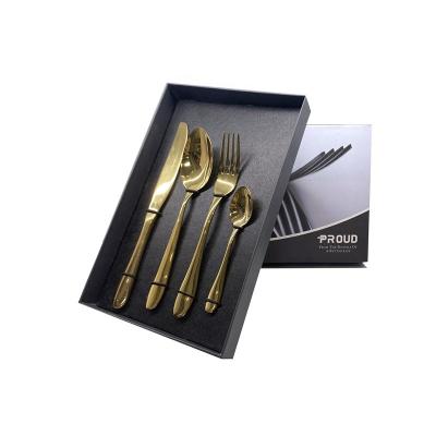 China Sustainable 304 Stainless Steel Cutlery Set Gold Plated 4Pcs Knife Fork Spoon Flatware Set With Box for sale