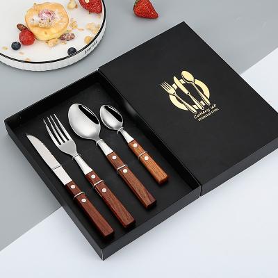 China Sustainable 304 Stainless Steel Handle Spoon Knife Fork Silverware Set Wood Metal Flatware Set for sale