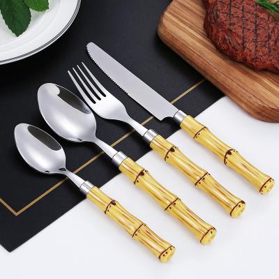 China Sustainable Plastic Bamboo Handle Cutlery Set 430 Stainless Steel Spoon Fork Knife Flatware Set for sale